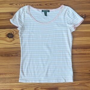 Lauren Ralph Lauren Soft Pink and White Striped Tee size Small